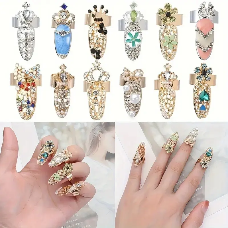 12 Pcs Women's Luxury Nail Rings, Fashion Bow Joint Nail Rings, Decorative Nail Art Tips, Charm Crown Flower Crystal Rhinestone Nail Rings, Elegant Bling Rhinestone, Nail Art Decoration