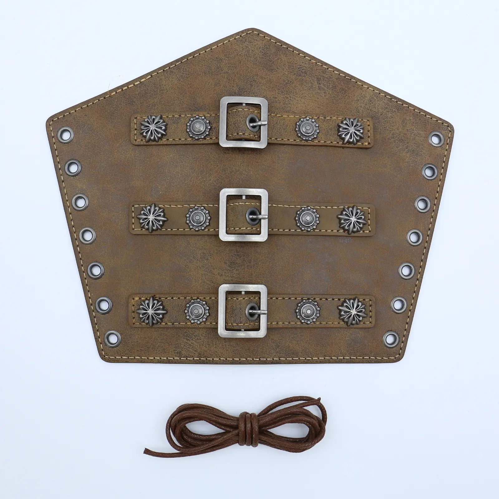 Effortless Vintage Brown Leather Arm Bracer Gauntlet Medieval Viking Knight Lace Up Wristband Three Buckle Straps Sun Flower Rivets Renaissance Faire Halloween Cosplay Accessories