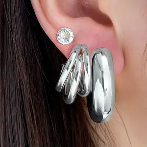 Women's Silver Chunky Hoop Earrings Set - Thick Waterdrop Teardrop Huggie Hoops, Layered Triple Wire Circle Studs, Camping & Hiking Sports Outdoor Jewelry Set 1