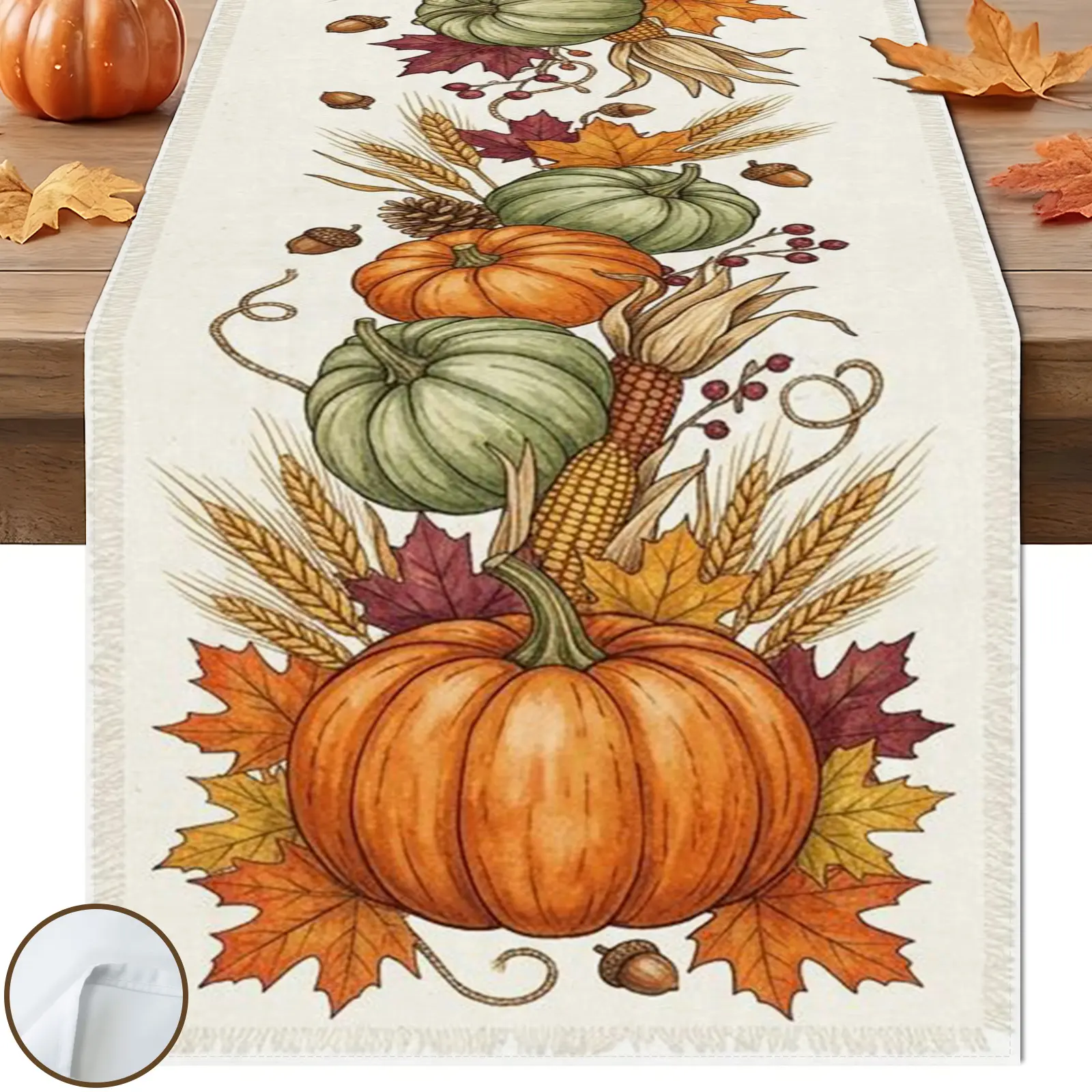1pc Pumpkin Corn Table Runner, Watercolor Harvest Style, Autumn Theme, Orange Green Pumpkin Corn Wheat Maple Berry Design, for Thanksgiving Table Decor