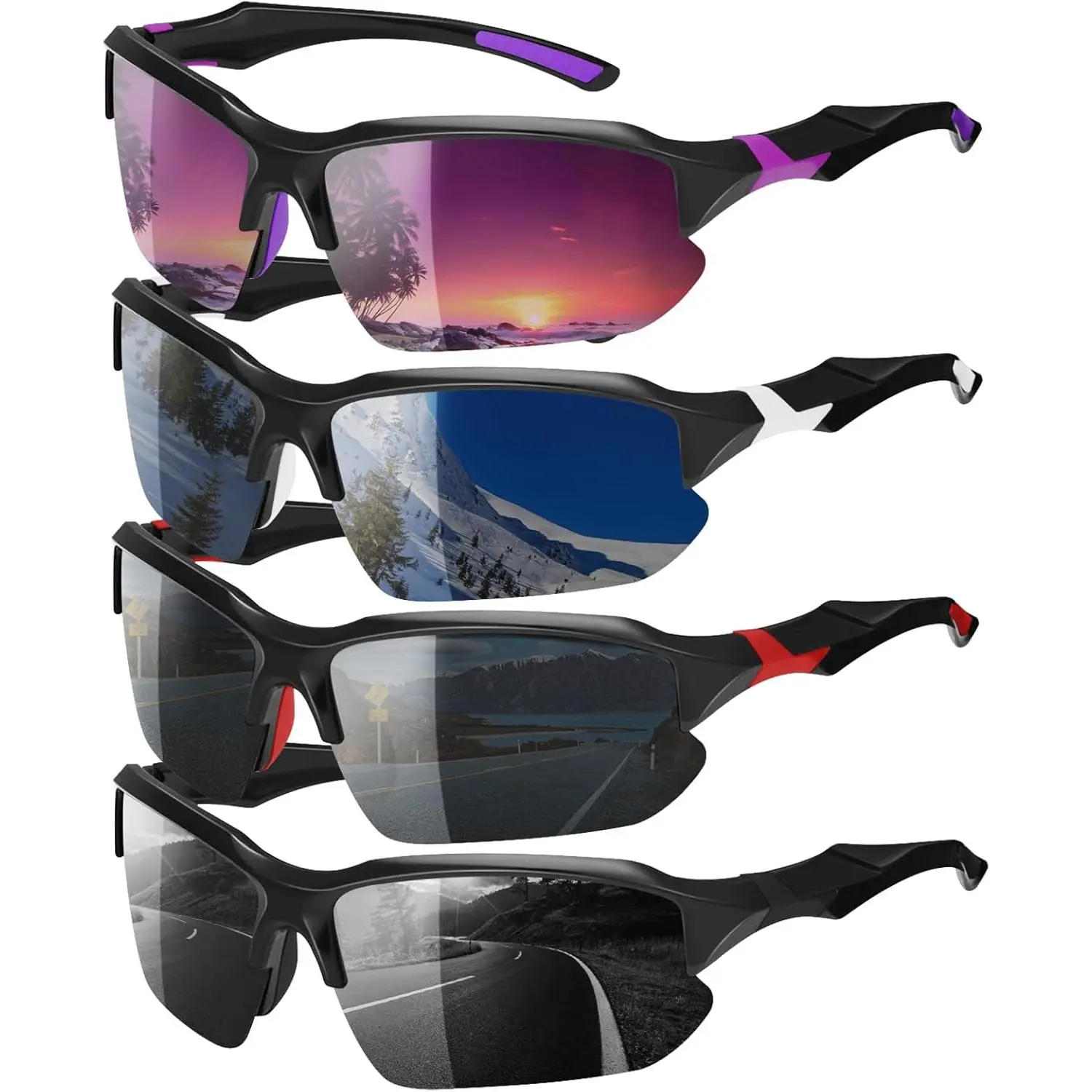 4-Pack Polarized Lenses Sports Sunglasses for Male Outdoor Wear, UV Protection, Lightweight Wraparound Design, Black+White+Red+Orange/Green+Orange+Purple+Yellow Options (Baby & Maternity Fashion Accessory), No, One Size