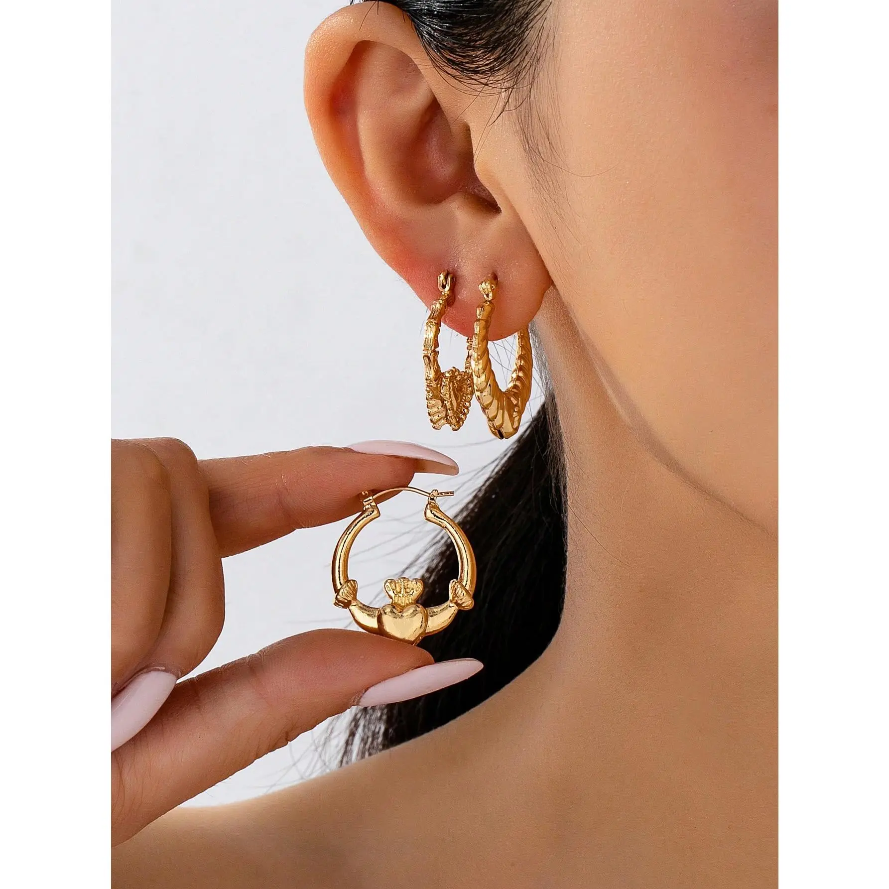 Women's 3Pcs Gold Hoop Earrings Set - Vintage Claddagh Heart & Bamboo Texture Hoops, Meaningful Elegant Jewelry For Daily Wear, Holiday Party & Gift