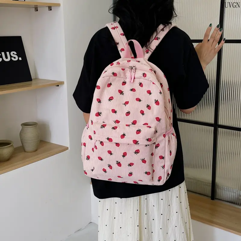 Women's Pink Corduroy Backpack with Fruit Strawberry Print, Lightweight Gym Bag with Laptop Sleeve for Back to School Haul, Female Adults, Multi-Function