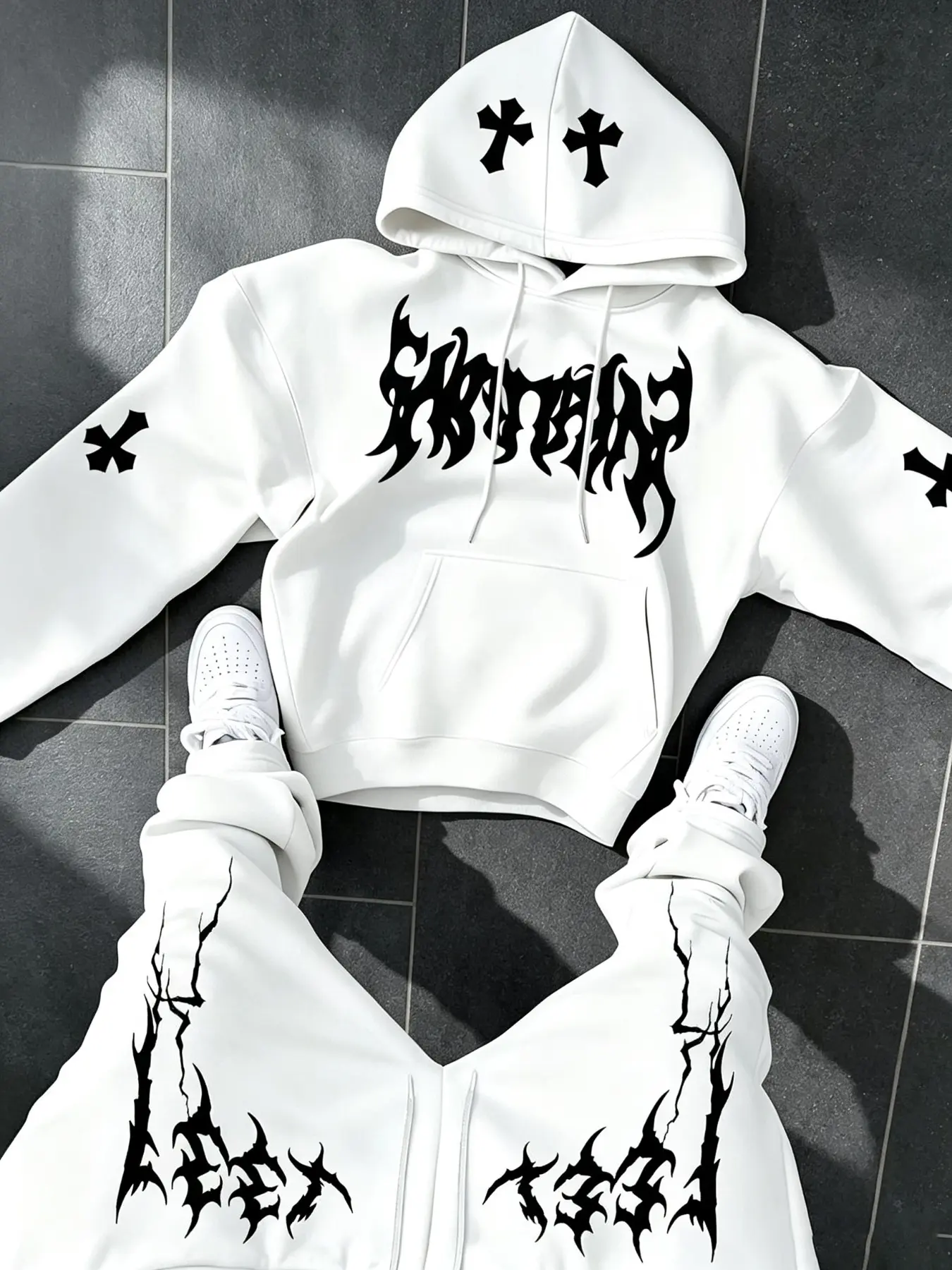 Men's Two-Piece Set, Gothic Cross Print Hoodie and Pants, Loose Fit Street Style, Long Sleeve Hooded Sports Suit, All Seasons