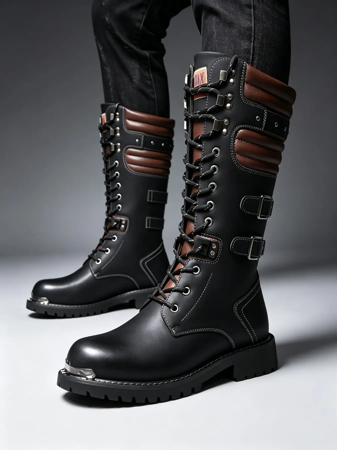 Men's Tall High Top Motorcycle Biker Boots, Lace-Up Front with Multi Metal Buckle Straps, Anti-Collision Toe Cap, Thick Non-Slip Lug Rubber Sole, Punk Gothic Style Fashion Riding Casual Boots, Size 38-48
