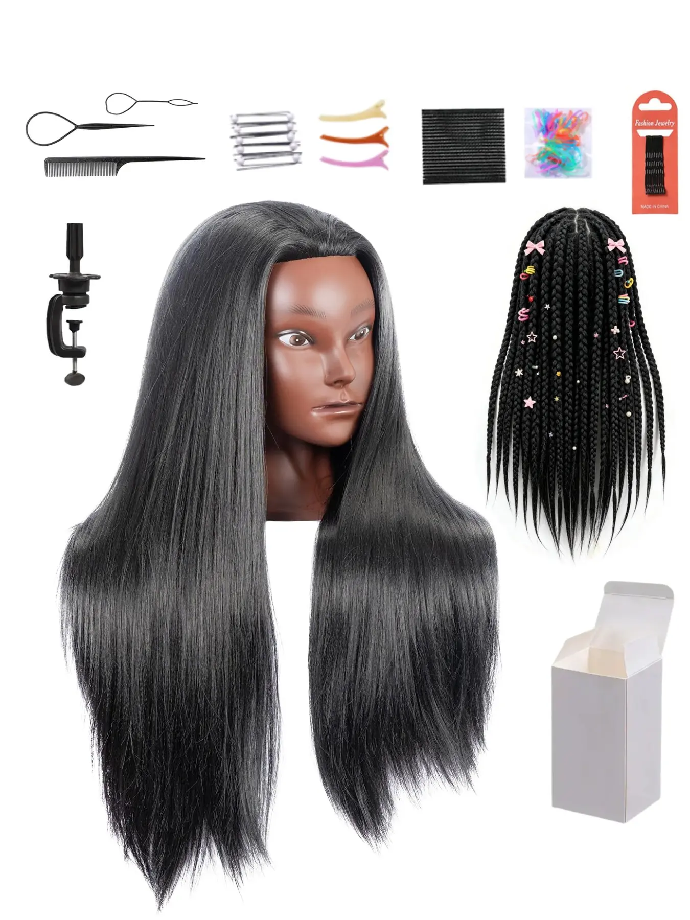 Long Straight Synthetic Wig Mannequin Head 24-26 Inch Natural Black Hair Hairdressing Practice Doll Head for Braiding Styling Training Beauty School Students Hairdressers Beginners Wig Making Display Stand with Realistic Hair Texture