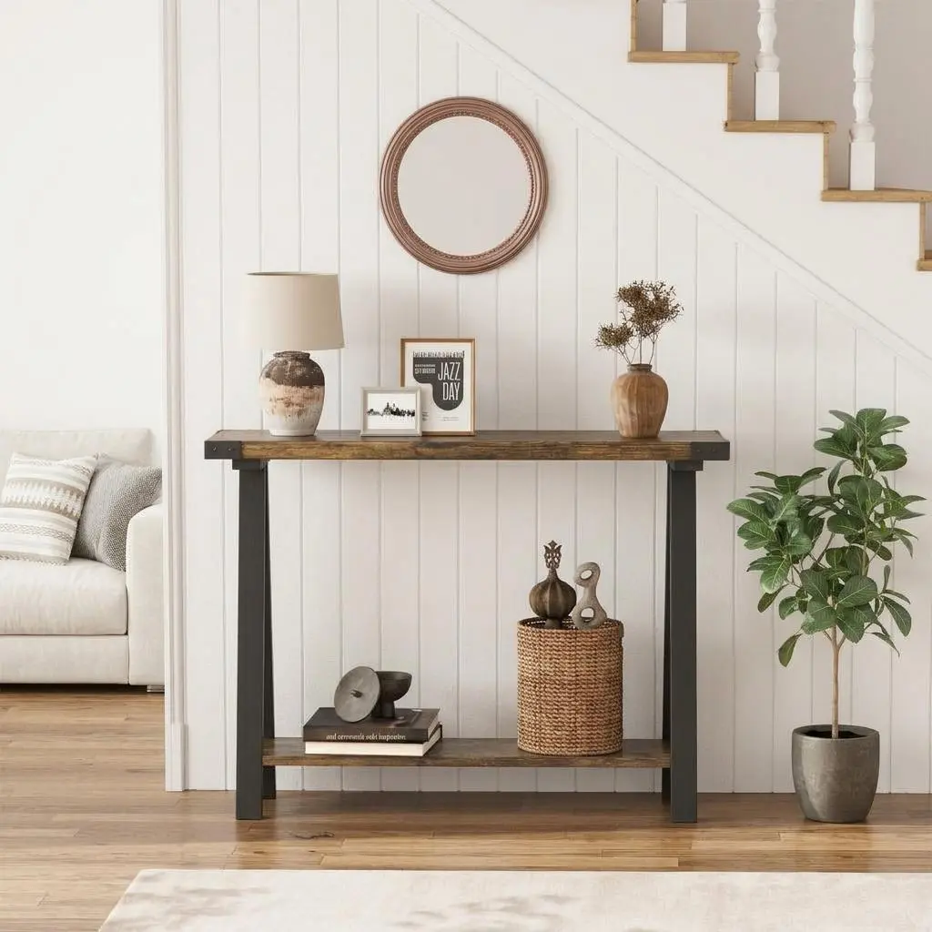 Farmhouse 2-Tier Narrow Console Table with Storage Shelf – Durable Metal Frame, V-Shaped Legs, Rustic Accent for Entryway, Living Room, or Hallway – Vintage Color/Grey