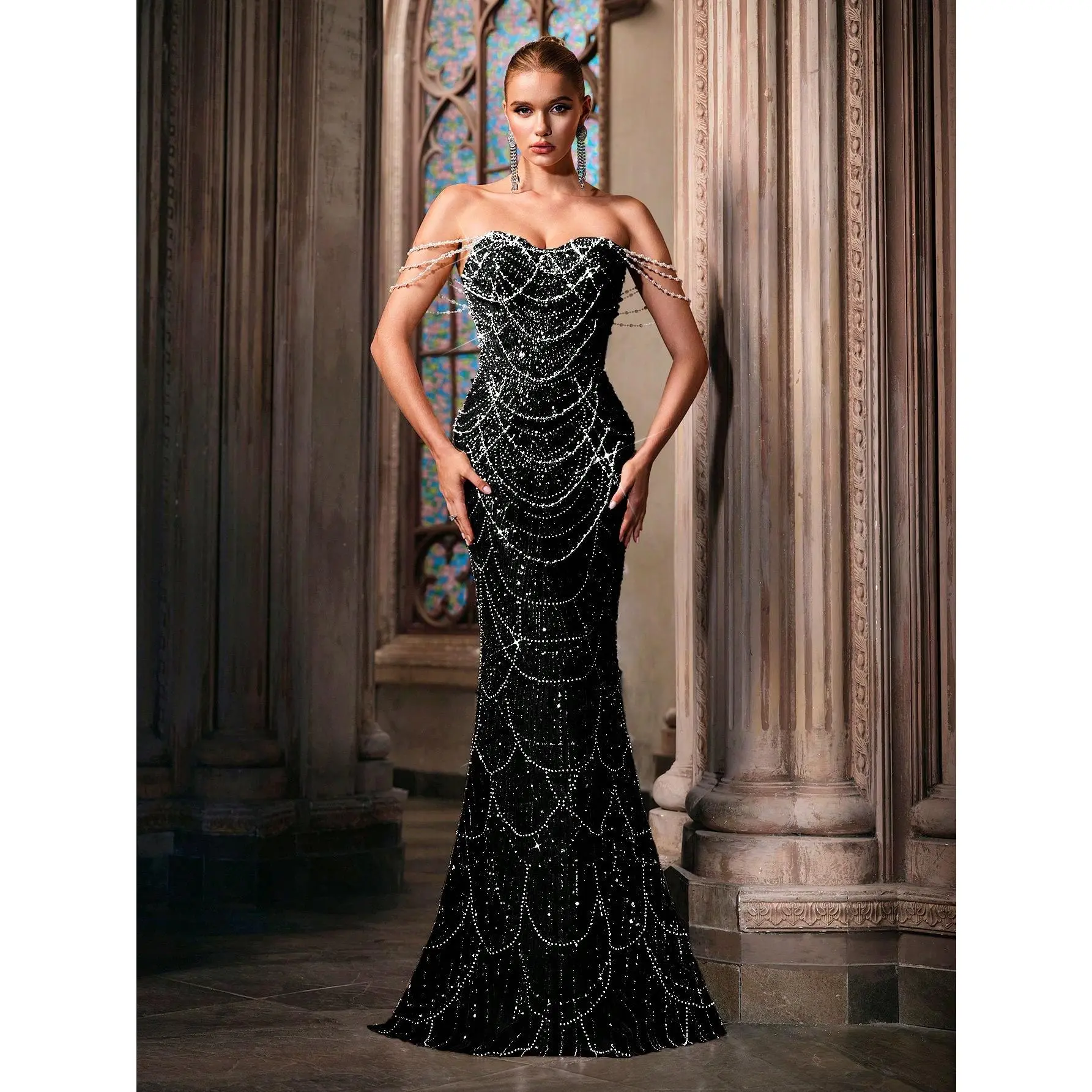 Fairy Temperament Pearl Decoration Formal Dress Women Sequins Evening Gown For Graduation Season Prom, Birthday Party, Galas, Cocktail Party, Concert, Award Ceremony Pure Color One Shoulder Floor Length Dresses