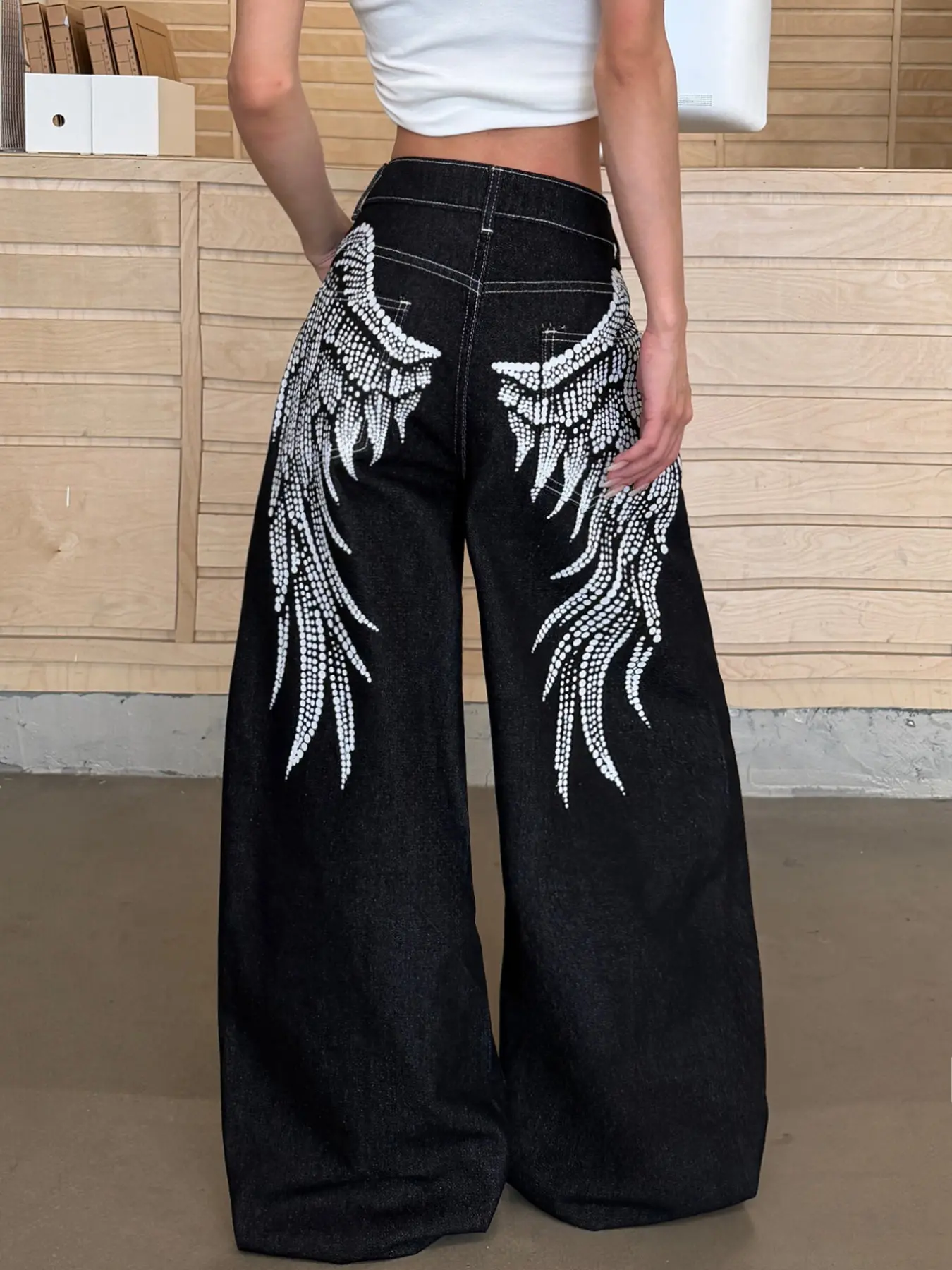 American Vintage Wing Print Women's Jeans, Y2K Hip Hop Streetwear High Waist Wide Leg Pants, Loose Fit, No Belt Included