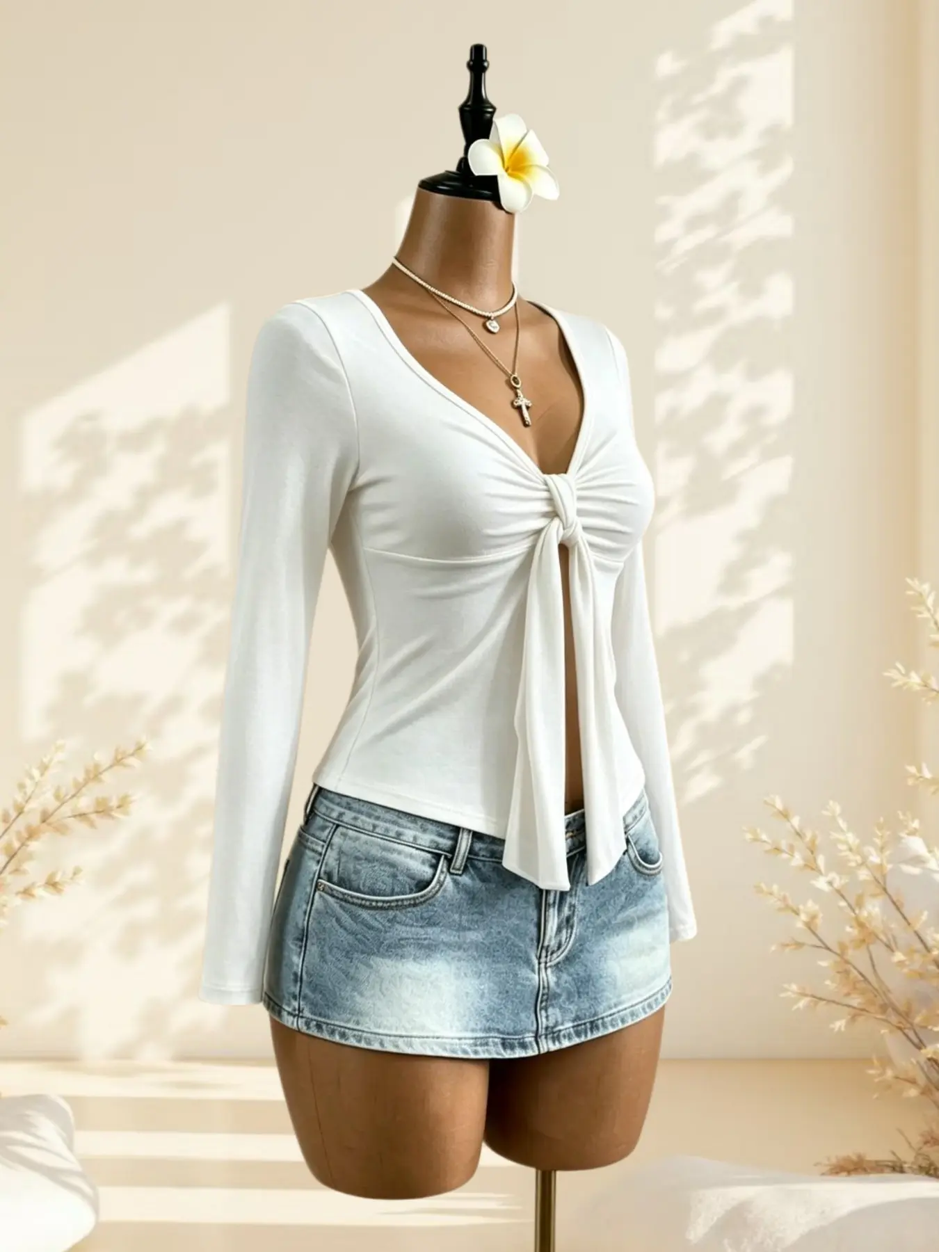 Y2K Sweet Cool Chic Style Everyday V Neck Long Sleeve Short Top, Ruched Hollow Out Design, Sexy Waist Exposure, Single Piece Set