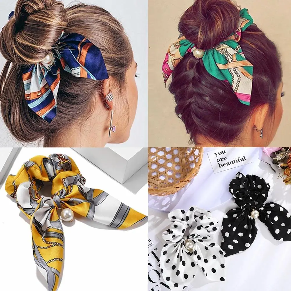 Women's Fashion Satin Bow Scrunchies Set Pack, Vintage Chain Print Pearl Ribbon Hair Ties for Casual Wear, Retro Ponytail Bun Hair Accessories, Party Wear, Detachable Beads, Female Set, Bow Scrunchie, Retro Look, Smooth Satin