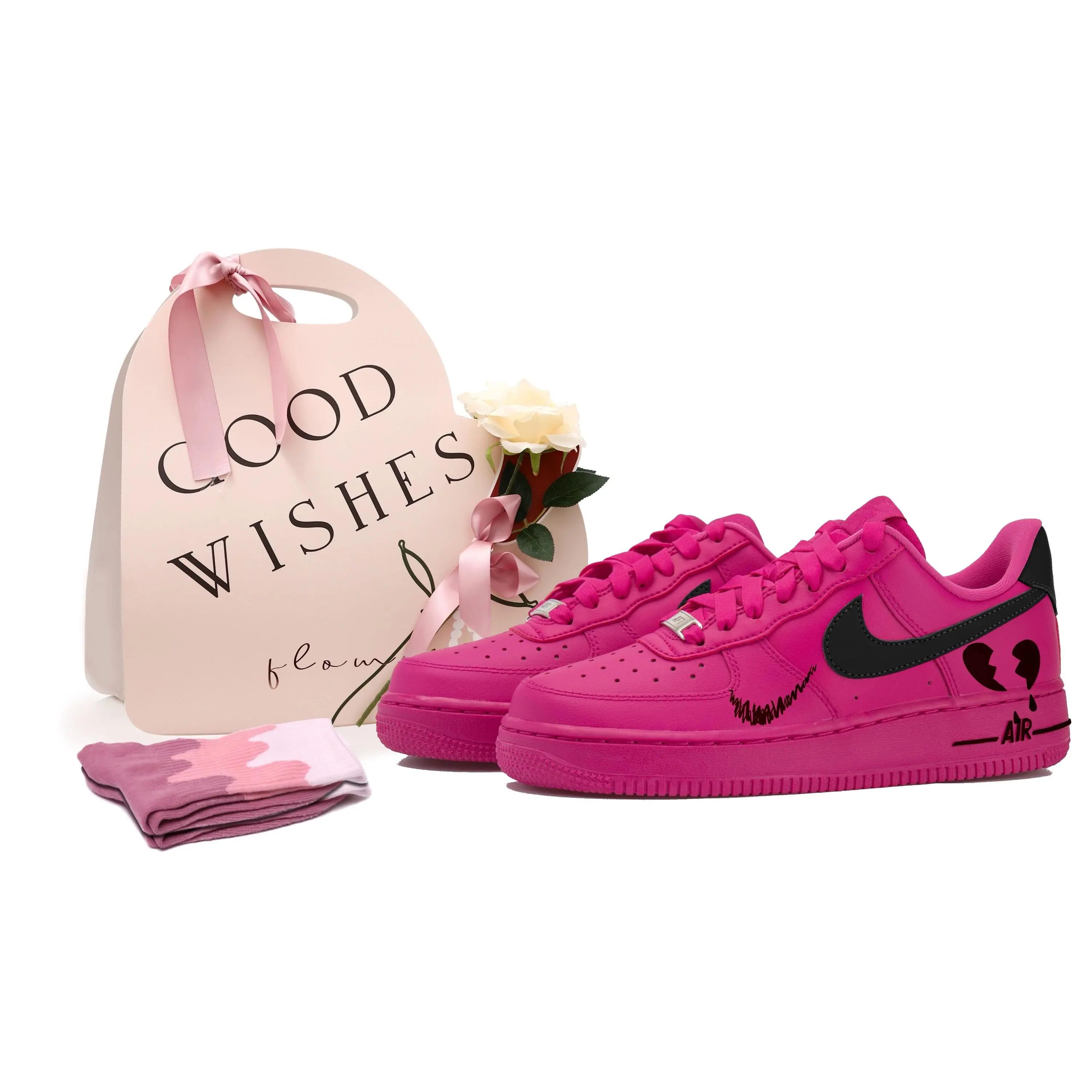 Nike Air Force 1 Custom Low-Top Sneakers for Women: Pink and Black Colorway with Dual Swoosh, Heart, and Graffiti Details Verifiable, with credentials and supporting global authentication