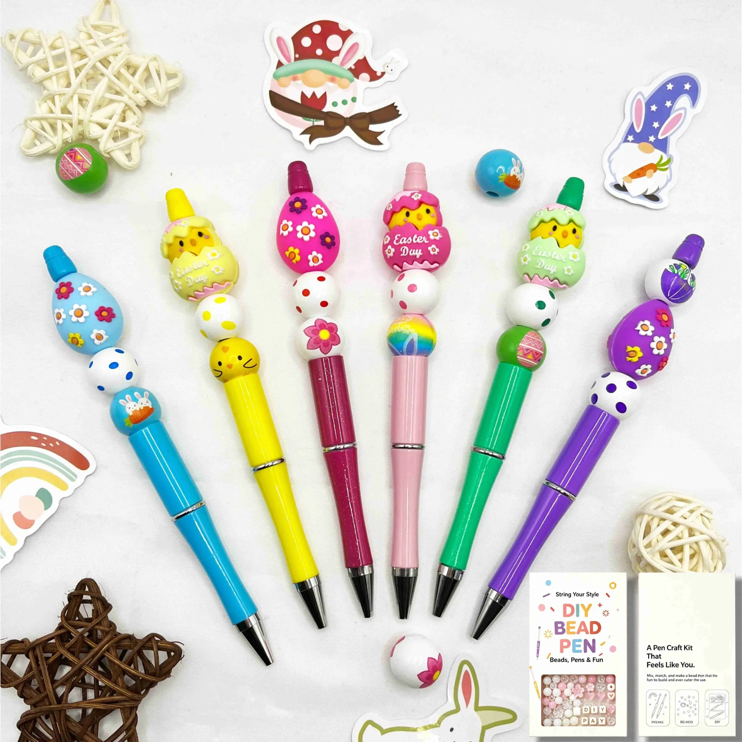 6Pcs Easter Chick Egg DIY Bead Pen Complete Gift Box Kit, Full Matching Easter Egg Chick Floral Polka Dot Beads All Accessories, Multicolor Pastel Beadable Ballpoint Pen Making Supplies, Ideal Student Reward, Easter Basket Stuffer, Kids Birthday Back To S