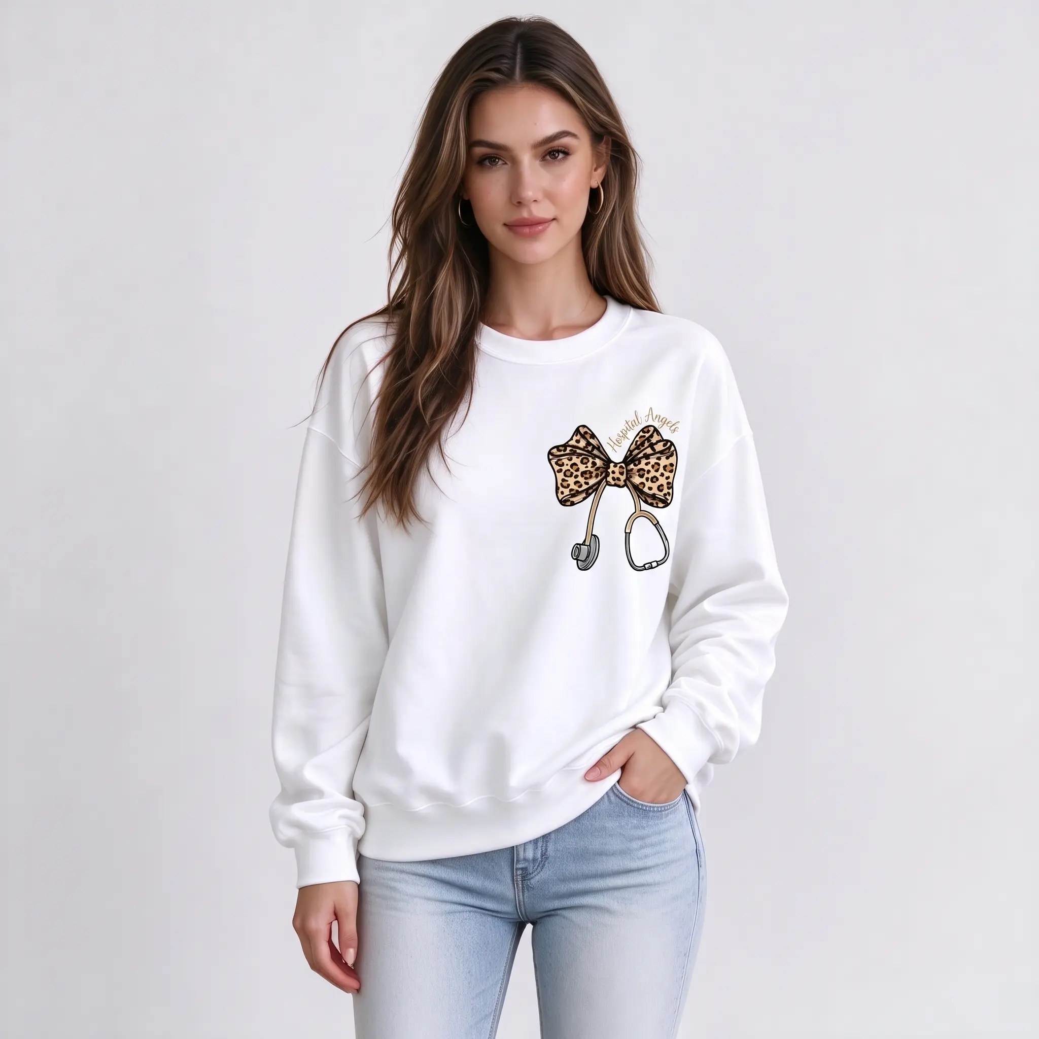 Leopard Stethoscope Bow Sweatshirt or T-Shirt, Coquette Nurse Hoodie, Nurse Appreciation Gift, Nursing Student Sweatshirt, Healthcare Sweater,mureya