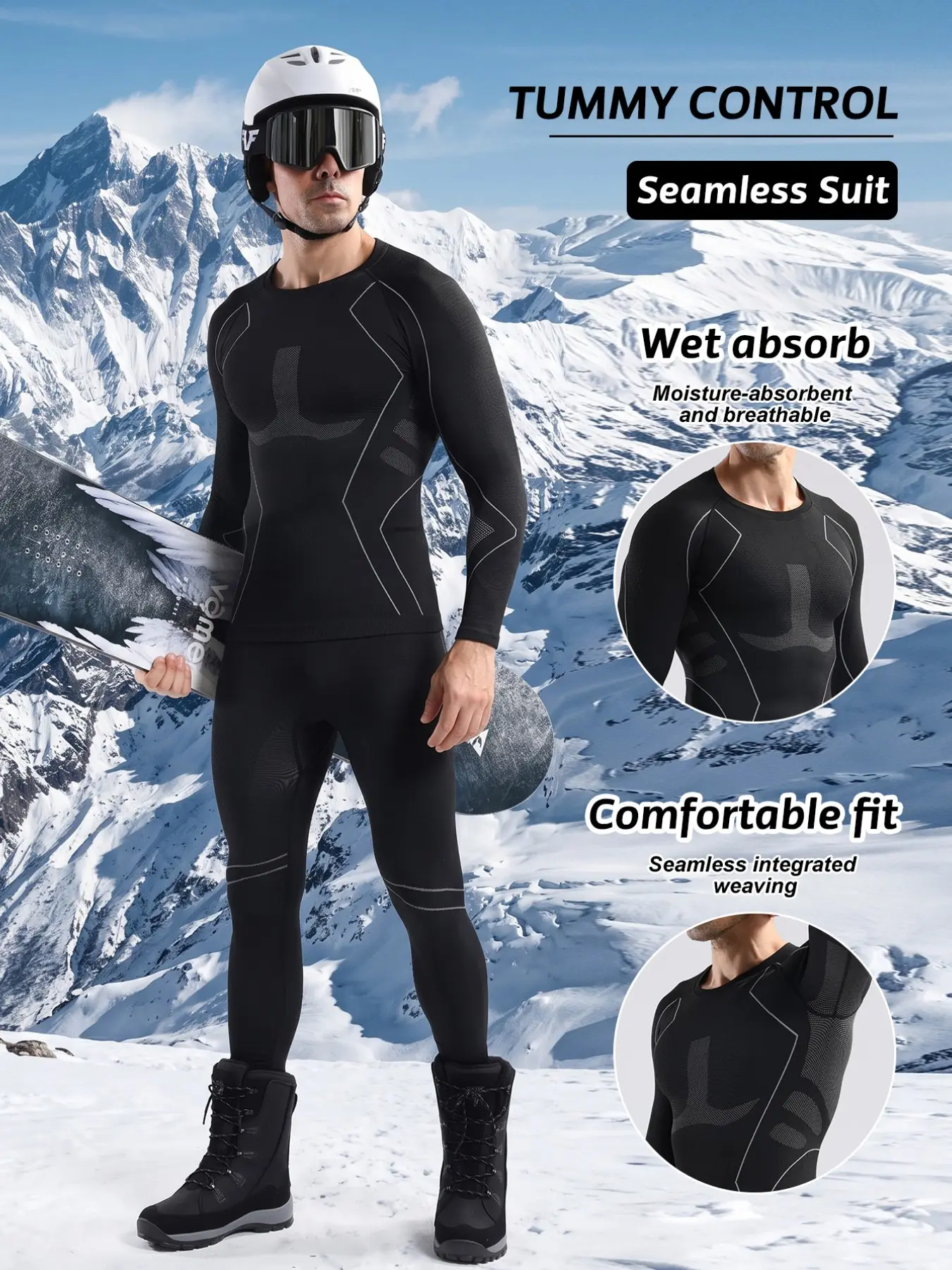 2pc Seamless Compression Men's Ski Quick-Dry Set, Fall Winter Ski Moisture-Wicking Warm Sports Gear, Ideal for Skiing Cycling