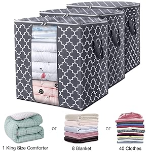 Storage Bags [3 Pack/100L] Large Blanket Clothes Organization and Storage Containers for Comforters,Bedding, Foldable Organizer with Reinforced Handle, Clear Window, Sturdy Zippers,Gray