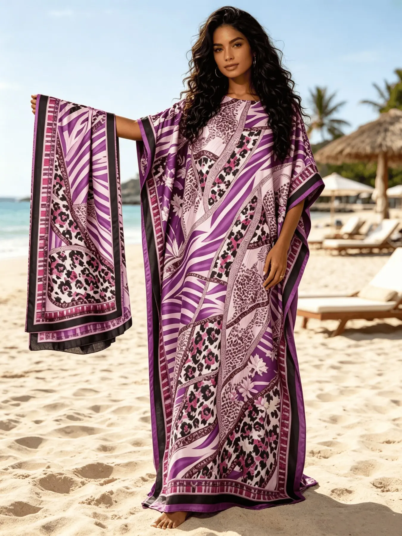 Plus Size Women's Lavender Purple Diagonal Stripe Paisley Print Maxi Kaftan Dress with Matching Headscarf 2 Piece Set, Silky Satin Loose Batwing Beach Cover Up, Beachwear Dress, Bohemian Summer Outfit, Loungewear Sleepwear