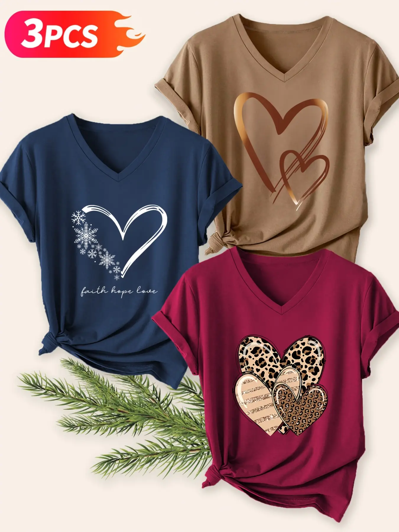3-Pack Heart Print Short Sleeve T-Shirts Fitted Tee, Women's V-Neck Everyday Casual Sportswear, Spring Summer Basic Pullover, Ladies Top, Female Apparel