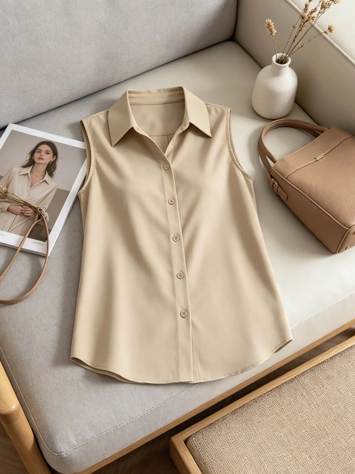 A fashionable women's collared sleeveless shirt blouse with a single breasted hanging top for casual commuting, suitable for summer office commuting, outdoor picnicking, vacation travel