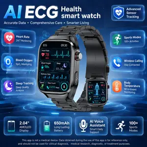 Healthy smart watch, fashionable sports style, 2.04"AMOLED display, wireless calls, voice assistant, activity and sleep tracking, 100+ exercise modes, long battery life, suitable for men and women fitness and daily use