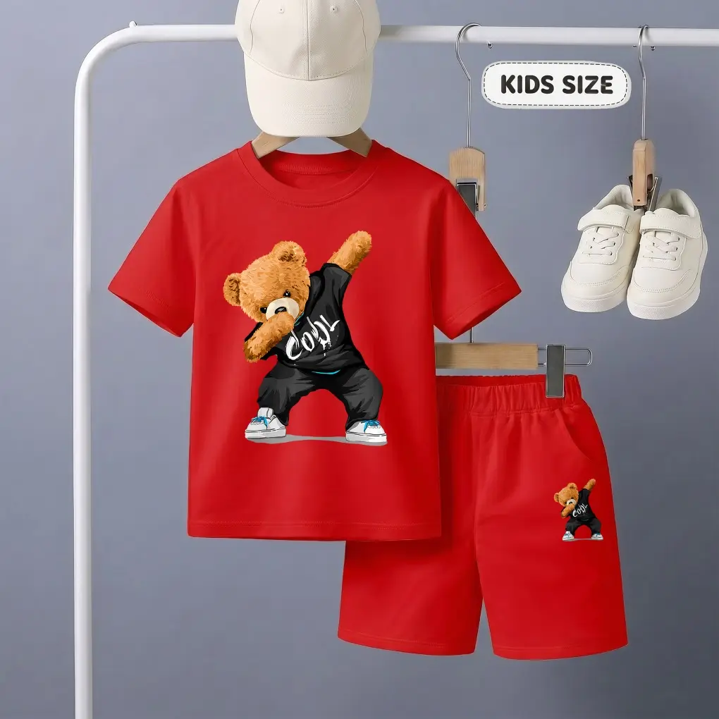 Boys’ 2-Piece Breathable Soft Bear Printed Crew Neck Short Sleeve T-Shirt + Shorts Set, Children’s Size Elastic Waist Casual Summer Outfit for Daily Wear, Kids Outdoor Play