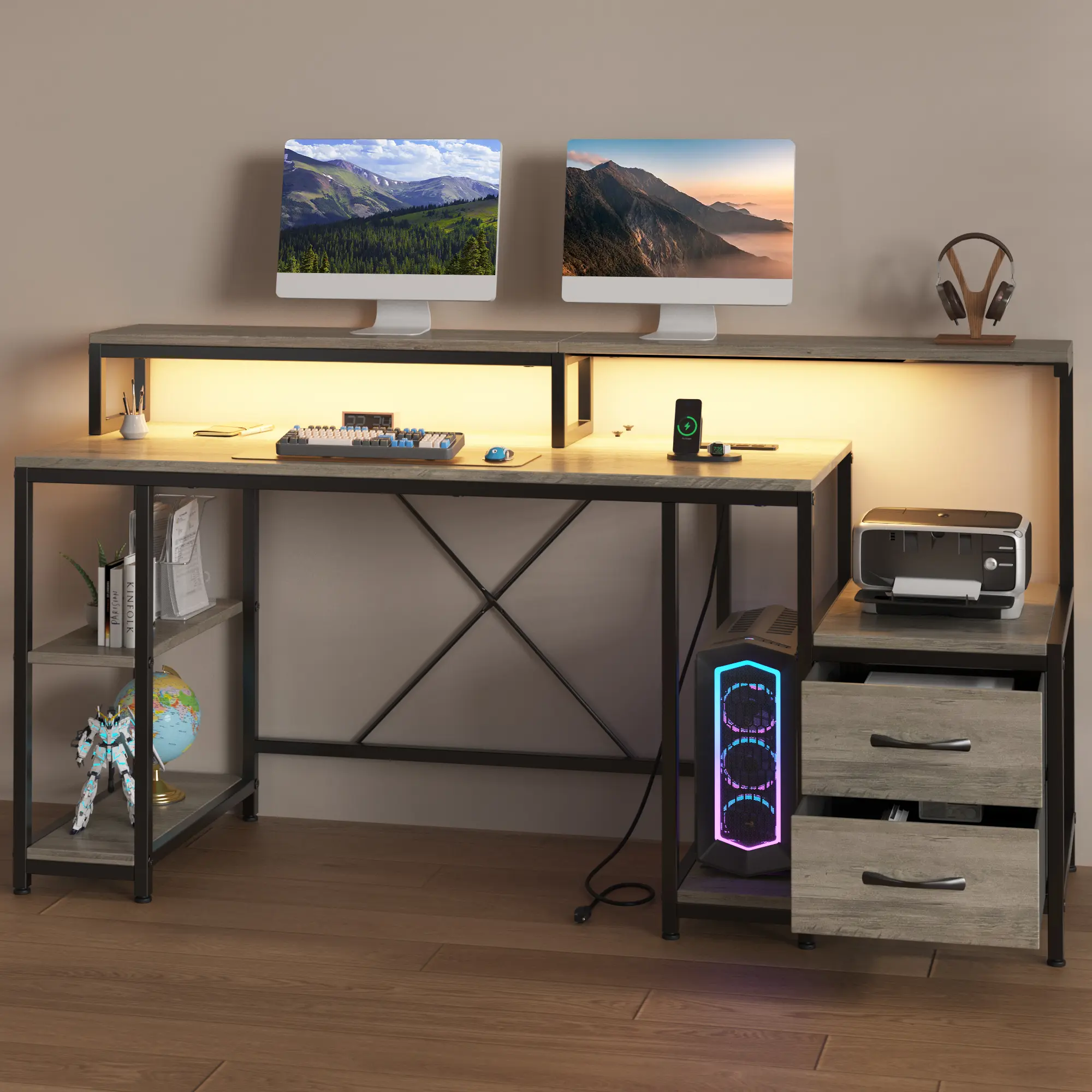 Garvee 63" Rectangular Modern Home Office Computer Desk with RGB Lights, Power Outlets, Monitor Stand, File Drawer, Printer Shelf, Storage Shelves, Sturdy Metal Frame, Wood Finish (Gray Oak/Tiger Stripes/Black Willow) – Ideal for Work, Gaming