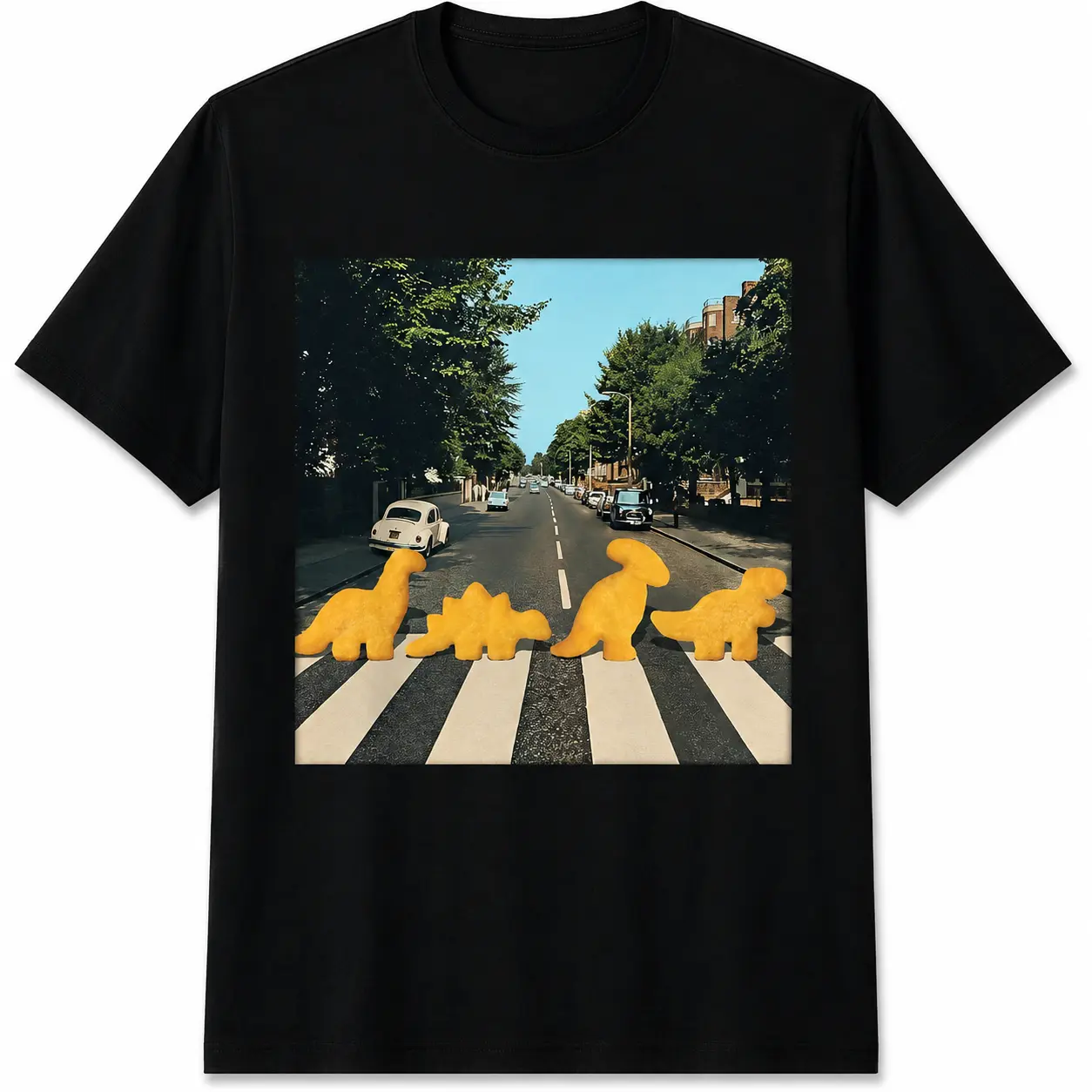 "Dino Nuggets Abbey Road" Viral Chicken Nugget T-Shirt  Beatles Parody Meme  100% Pure Cotton Black Tee