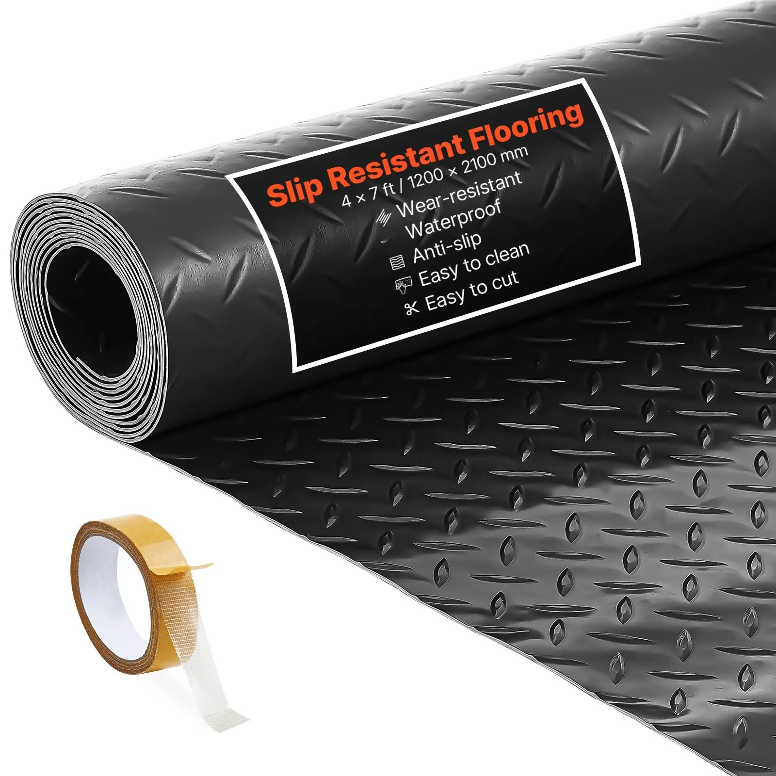 PVC Diamond Plate Garage Floor Protective Mat (4x7 ft/1200x2100 mm, 28 sq ft, 2.2 mm Thick) with Heavy-Duty Double-Sided Tape, Pressure-Resistant, Slip-Resistant, Easy to Clean/Cut, Washable, Durable for Garages, Trailers, Warehouses