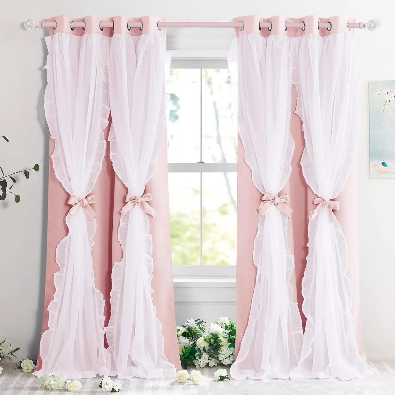 2-Piece 52x84in Pink Blackout Bagged Curtains for Girls' Room, Layered Ruffles Coquette Bow Curtains with Sheer Overlay, Nursery Kids Room Decor Drapes