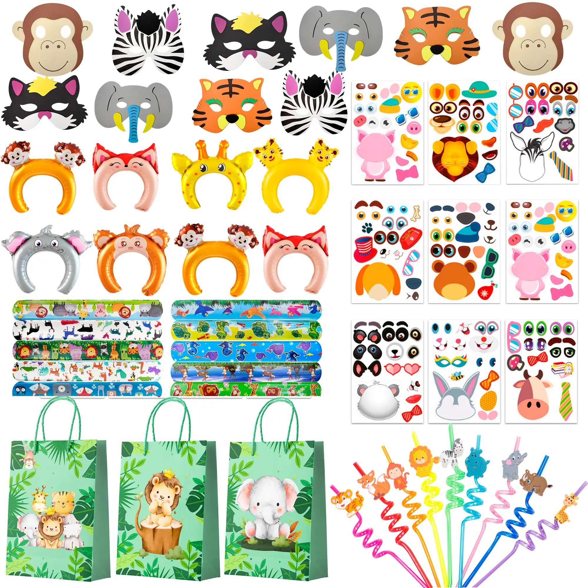 Jungle Safari Party Gifts & Favors, 60pcs Jungle Safari Birthday Party Favors Set Includes Safari Party Slap Bracelets Stickers Straws Balloon, Animal Mask, Safari Goodie Bags etc Jungle Party Favors for Kids