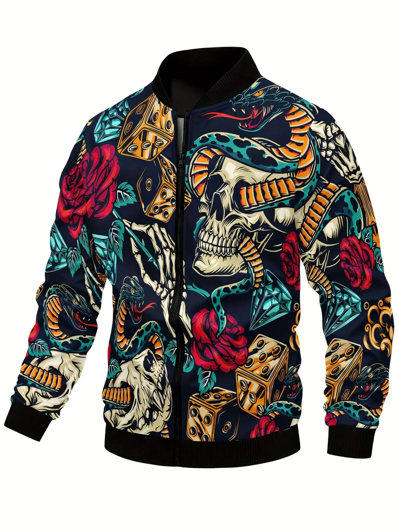 American Old School Tattoo Print Baseball Jacket, Casual Jacket, Skull Snake Rose Dice Punk Motorcycle Style Zipper Coat, Unique Streetwear Outerwear