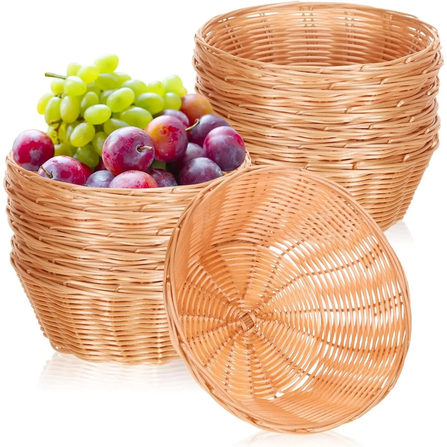 12 Pcs 7'' Round Plastic Woven Bread Baskets Bulk, Small Empty Woven Baskets for Gifts, Serving Bread Food Fruit for Easter Christmas Kitchen Restaurant Centerpiece Display