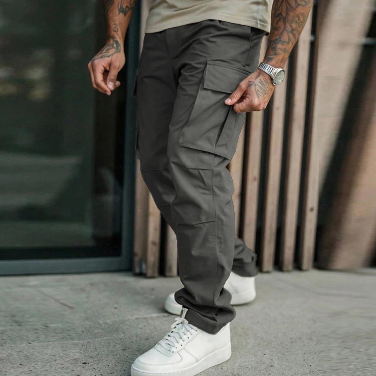 2pcs Men's Work Pants Solid Color Multi-functional Pocket Design Suitable For Hiking Travel Spring And Autumn Outdoor Activities Casual Trousers