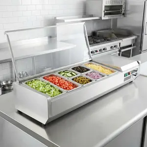 140W Commercial Countertop Refrigerated Condiment Prep Station – 304 Stainless Steel, 3-1/3 & 4-1/6 Pans, Hinged Guard, ETL Certified – Ideal for Salad Bars, Sandwich, Buffet, Food Service – Silver