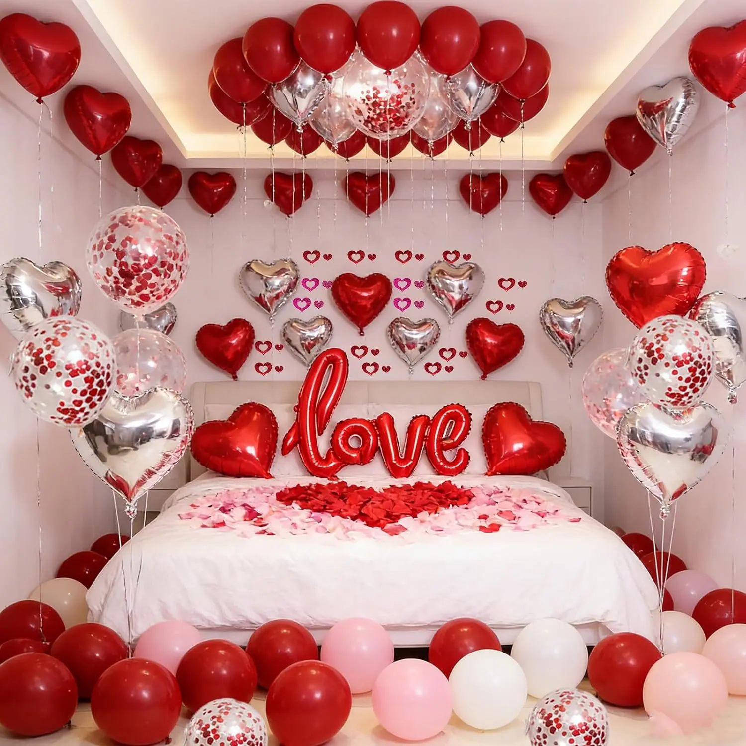 Wedding Anniversary & Valentine's Day Heart Balloon Set- 200+Pcsred balloons heart balloons, Rose Petals, Metallic Love Letters, Hearts for Anniversary, Wedding, Proposal, Party Decor