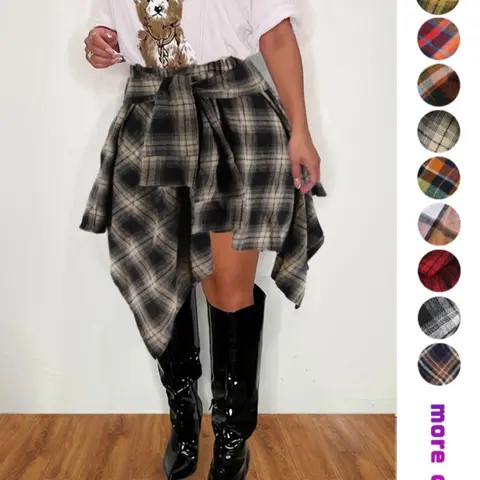 【Black Friday】Women's Summer Plaid Woven Skirt, Casual High-Waisted Design with Elastic Waist and Asymmetrical Handkerchief Hem for Casual Outings, Streetwear
