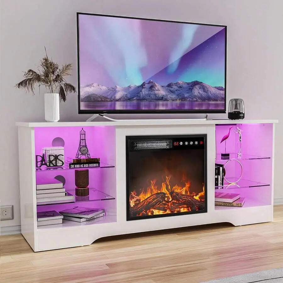 58" Fireplace TV Stand With 18" Flame Fireplace – Entertainment Center With RGB LED Light Strip, Modern Storage Console For 65" TVs, Remote Control