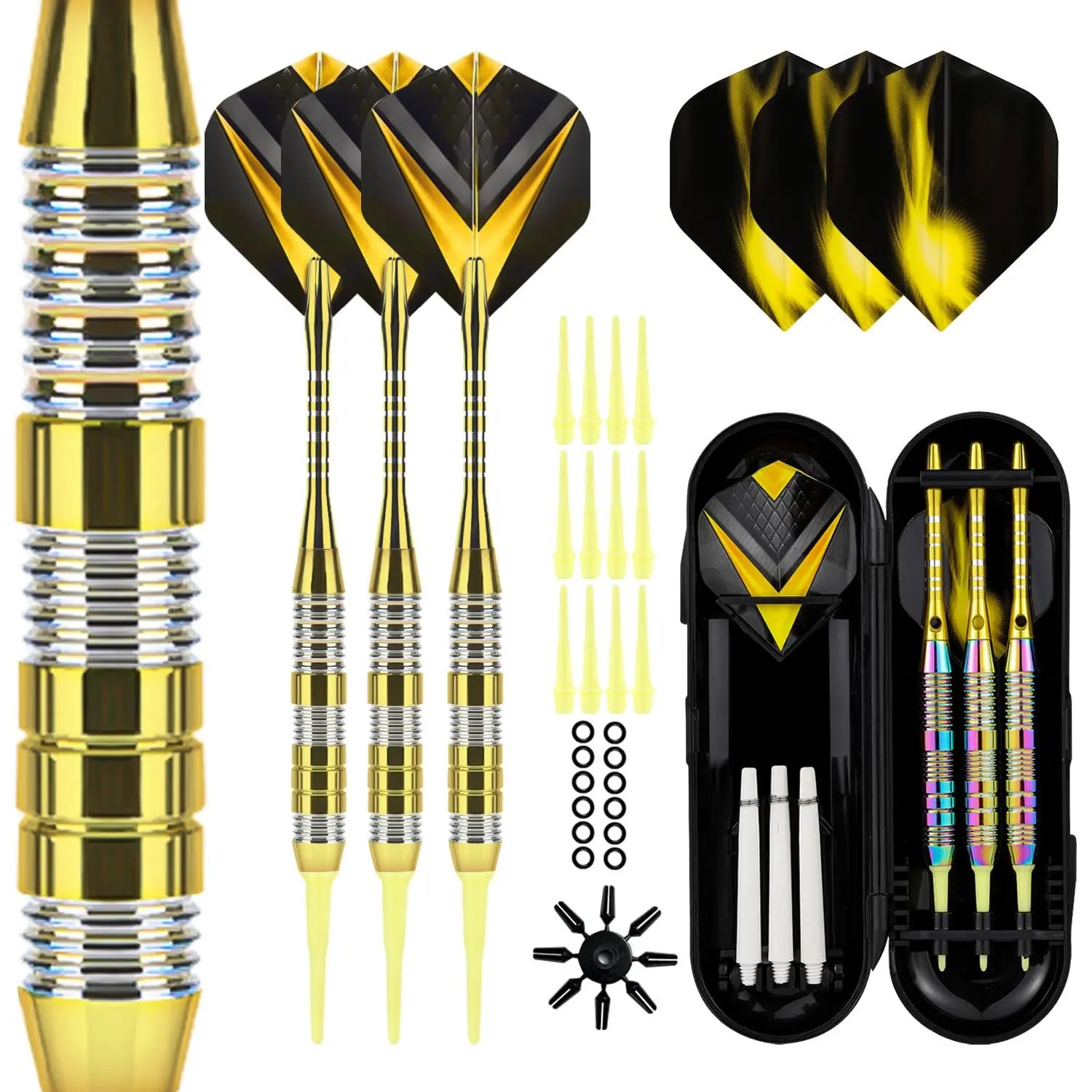 3-Piece Gold Flame Soft Dart Set, Golden Dart Tube, Plastic Soft Dart Tips, Electronic Dart Board Accessories, Portable Storage Box, Darts Sets