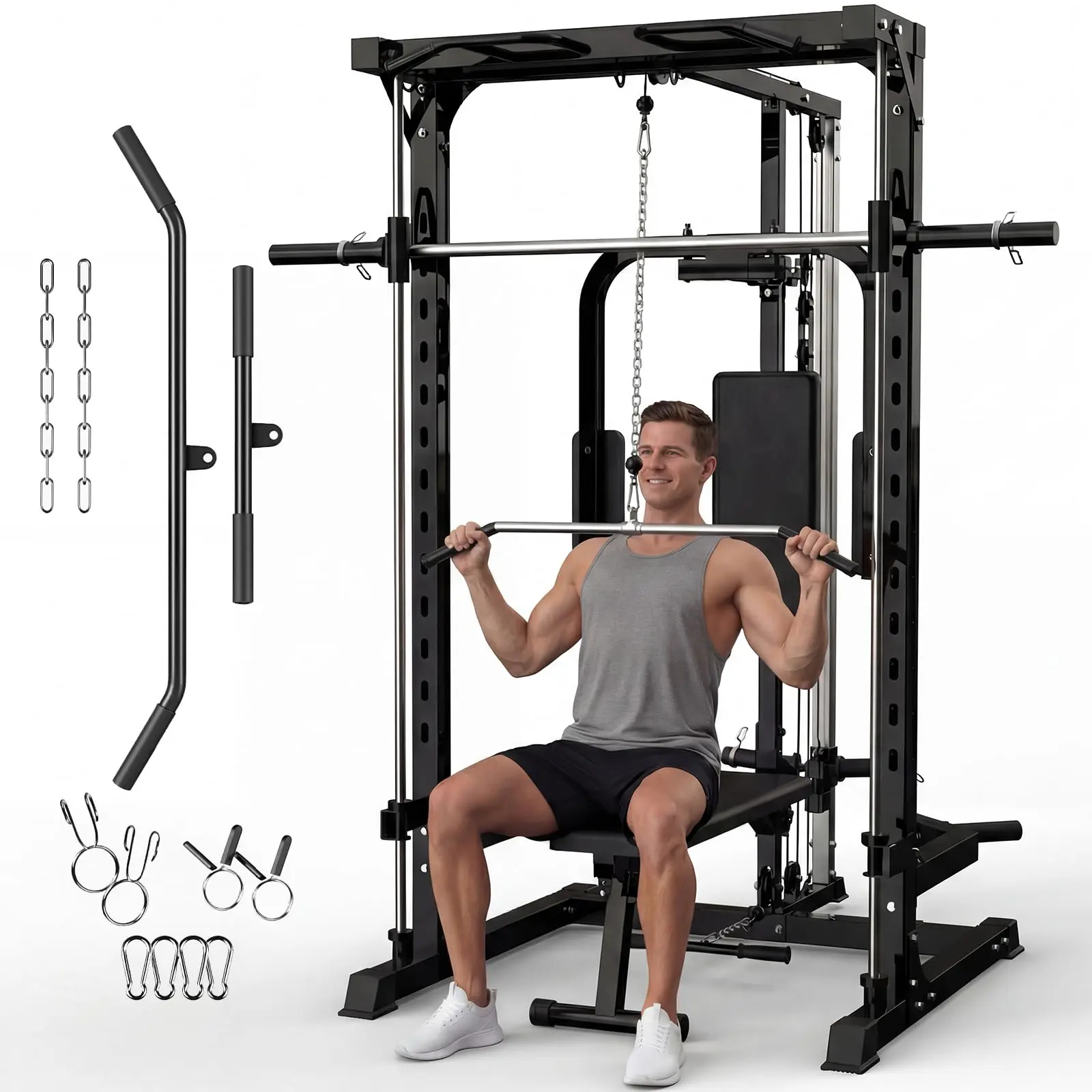 Smith Machine with Bench - Heavy-Duty Power Cage Squat Rack, Smith Bar, LAT Pulldown System, Chest Station & Multiple Attachments for Weightlifting Power Training