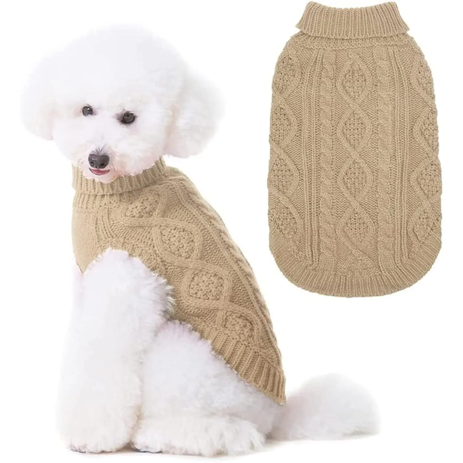 Thermal Knitted Dog Sweater for Small Medium Large Dogs, Winter Warm Dog Cat Coat Outfits, Classic Cable Knit Turtleneck Pullover Dog Jumper