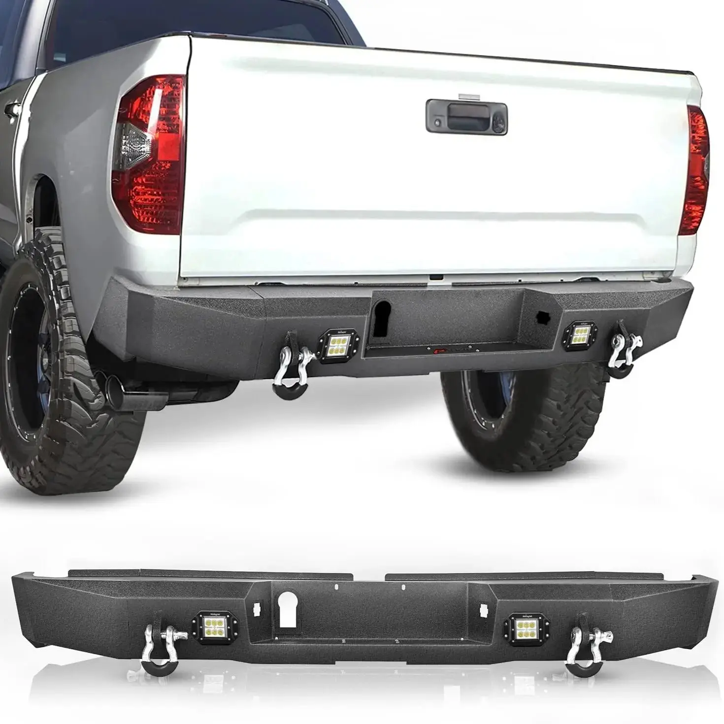 Nilight Full Width Rear Step Bumper for 2014-2021 Toyota Tundra Pickup Truck, Textured Black Carbon Steel with 2x18W LED Lights, 2x4.75ton D-Ring Isolators, 2in x 0.120in Tubing, 5/32in Sheet, 1xDIY Installation Manual, 1xSet of Screws, 1 X Diy Installati