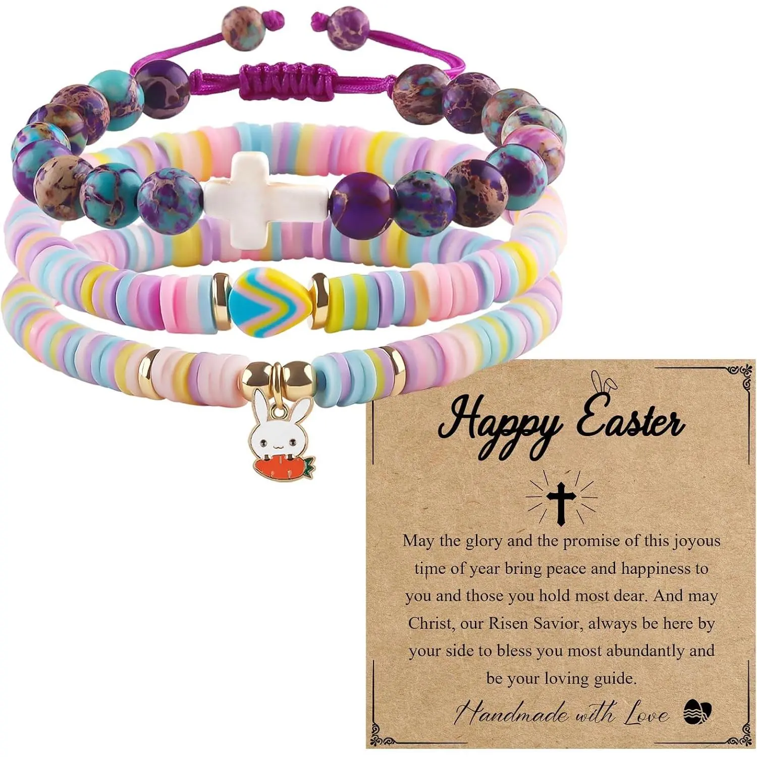 Bracelet Easter Basket Stuffers Set, Nature Stone & Clay Beaded Bracelets with Bunny Charm, Baptism Christian First Communion Confirmation Gifts for Gir Daughter Granddaughter Niece
