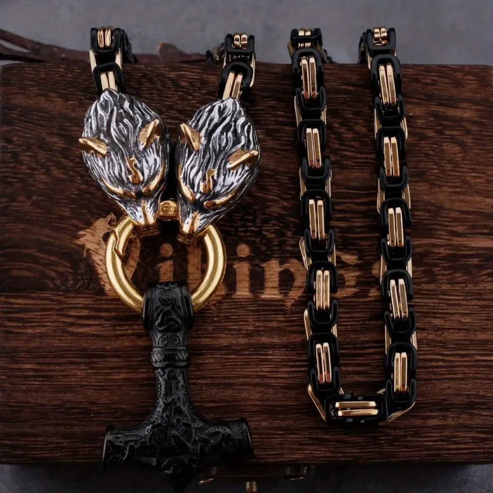 Men's 60cm Stainless Steel Nordic Viking Hammer Amulet Necklace - Exquisite Vintage Wolf Head Cuban Chain, Viking Style Faith Jewelry for Enhancing Overall Look, 60Cm Necklace, Viking Style Necklaces