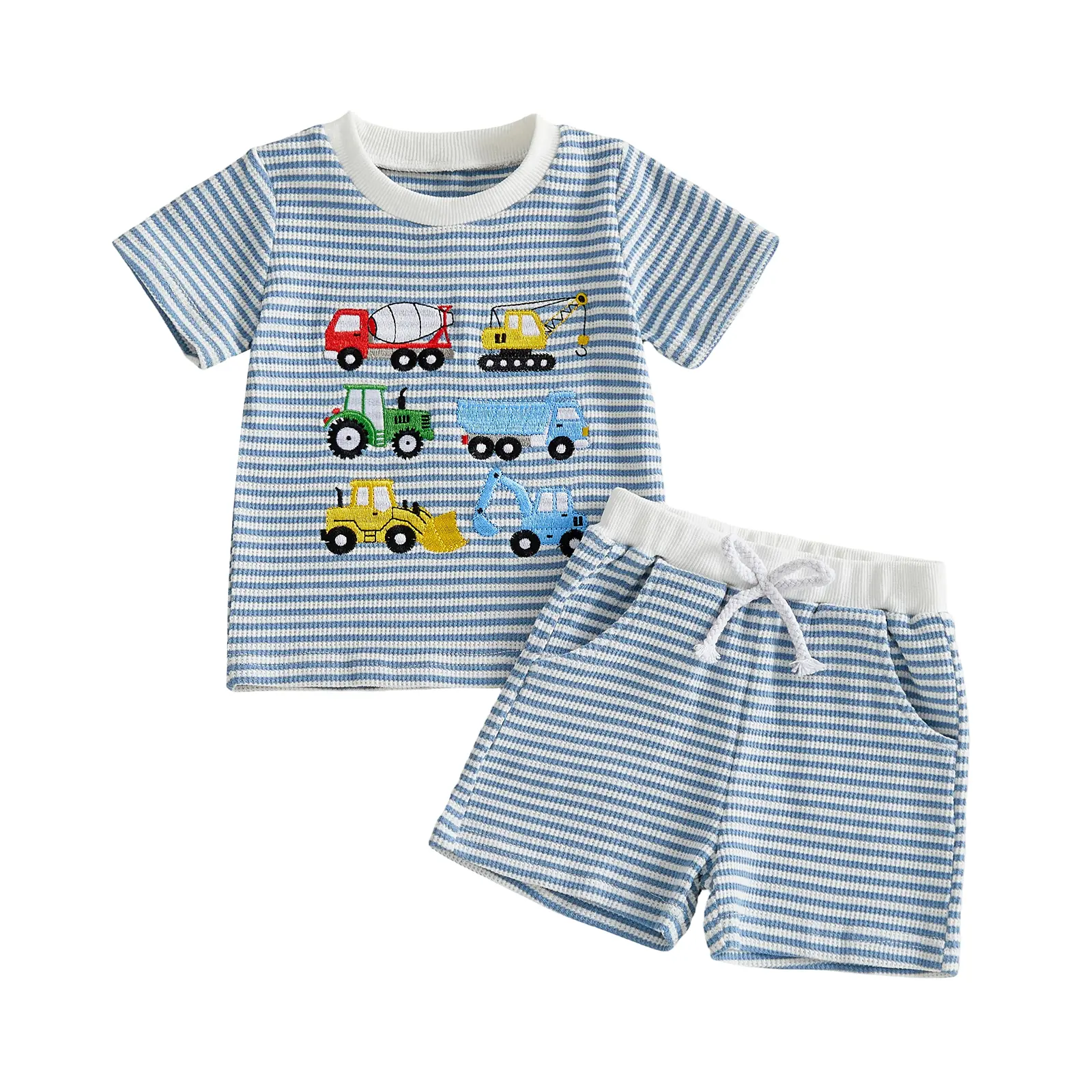 Toddler Baby Boy Summer Clothes 0 6 12 18 24 Months Construction Truck/DinosaurEmbroidery Outfit 2PCS Clothing Short Sleeve T-shirt Shorts Set