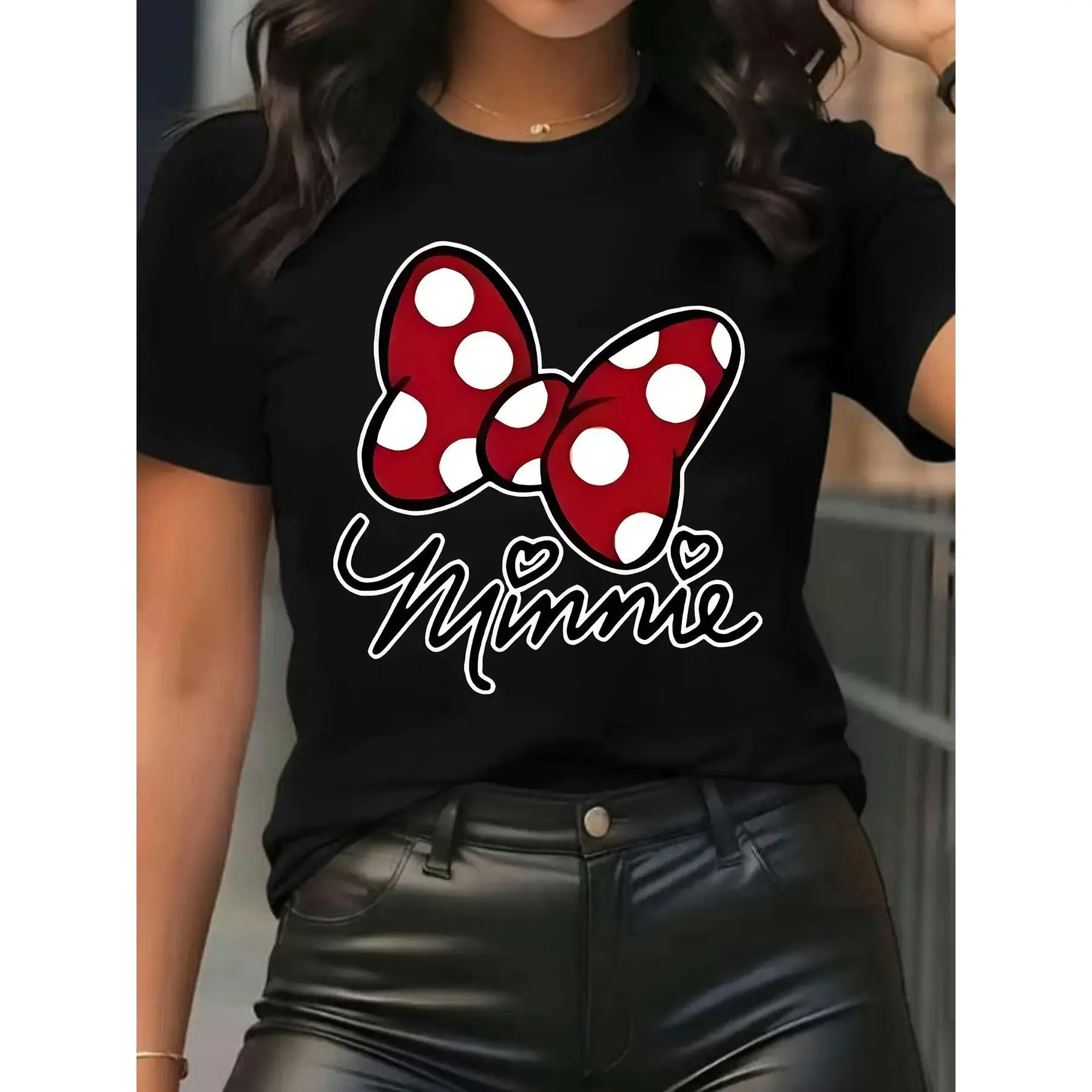 Minnie-style Red Polka Dot Bow and Handwritten "Minnie" Pattern Summer New Women's T-shirt Short Sleeve Top Casual Fashion Printed T-shirt for Women Elegant Women's Clothing