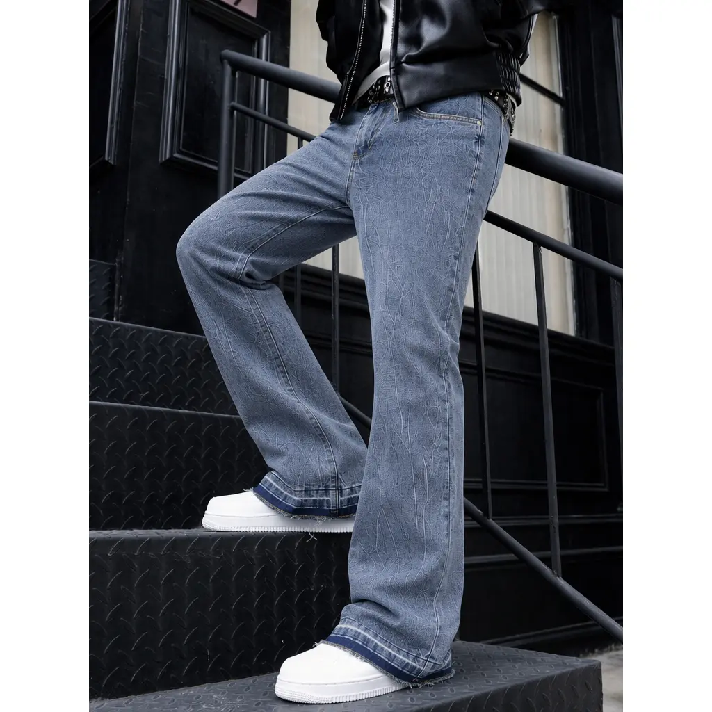 Unisex Mid-Rise Stretch Bootcut Jeans, Blue Cracked Textured Vintage Washed Flared Denim Pants, Raw Frayed Hem Streetwear Casual Trousers