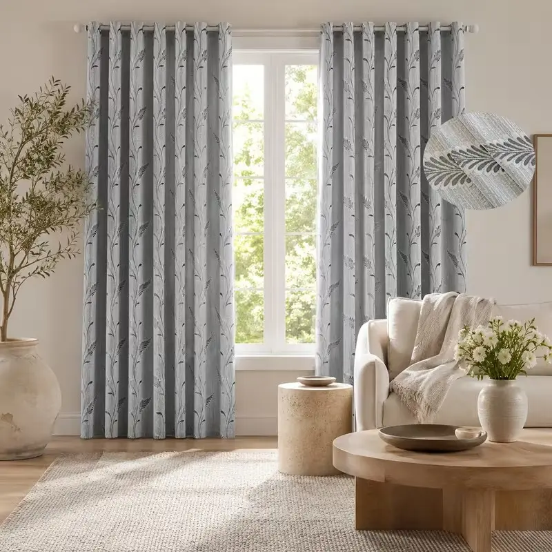 2 Panels Modern American Style Grey Leaf & Branch Jacquard Thick Curtains, Window Drapes, Grommet Top Design, Ideal for Sliding Floor-to-Ceiling Windows, Dining Rooms and Master Bedrooms Decoration, Machine washable, fade-resistant and shape-retaining