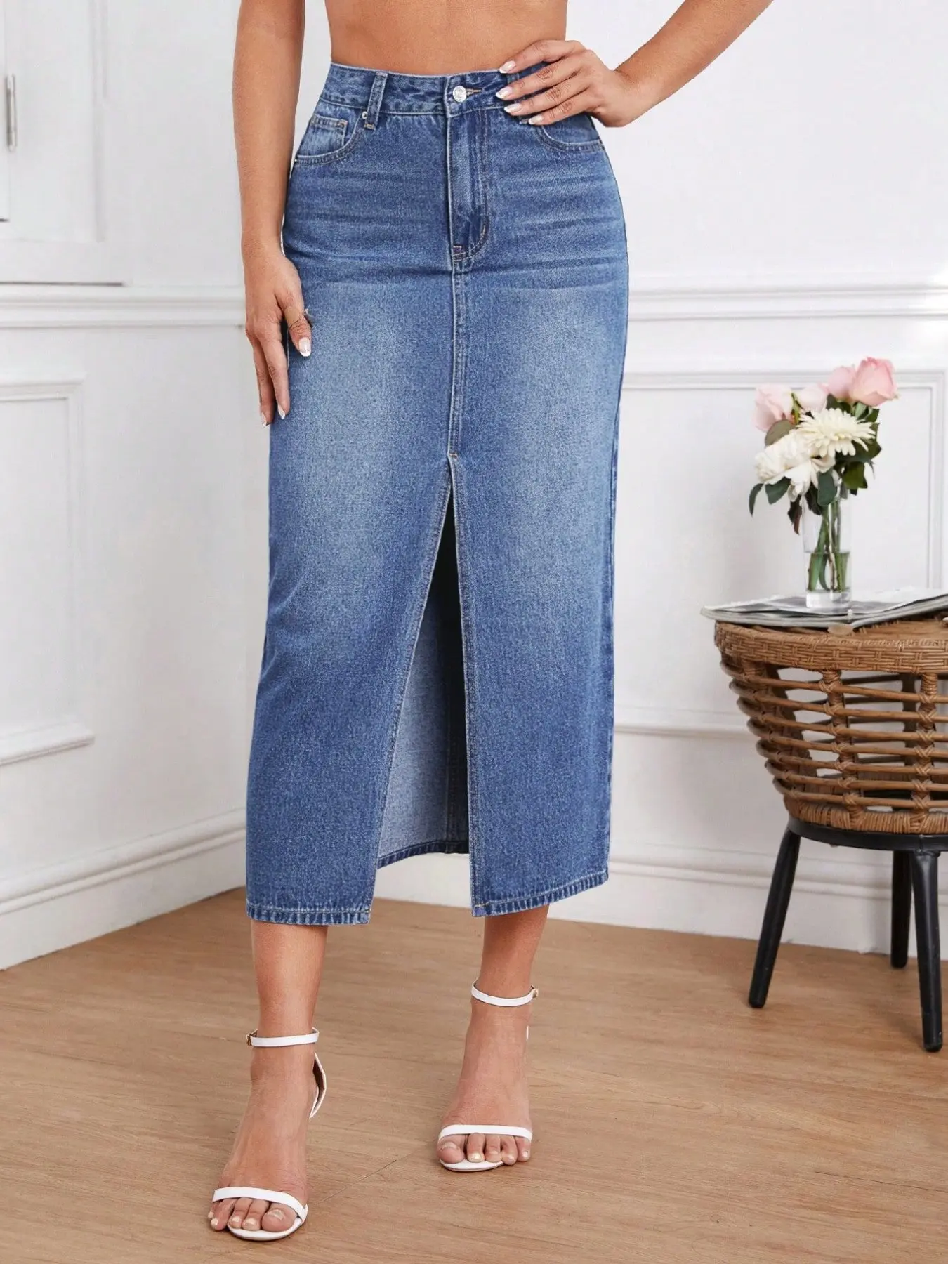 Classic Light Blue Straight Leg Denim Midi Skirt, Front Split Design, Slimming and Versatile, Medium-Length Skirt for All Seasons