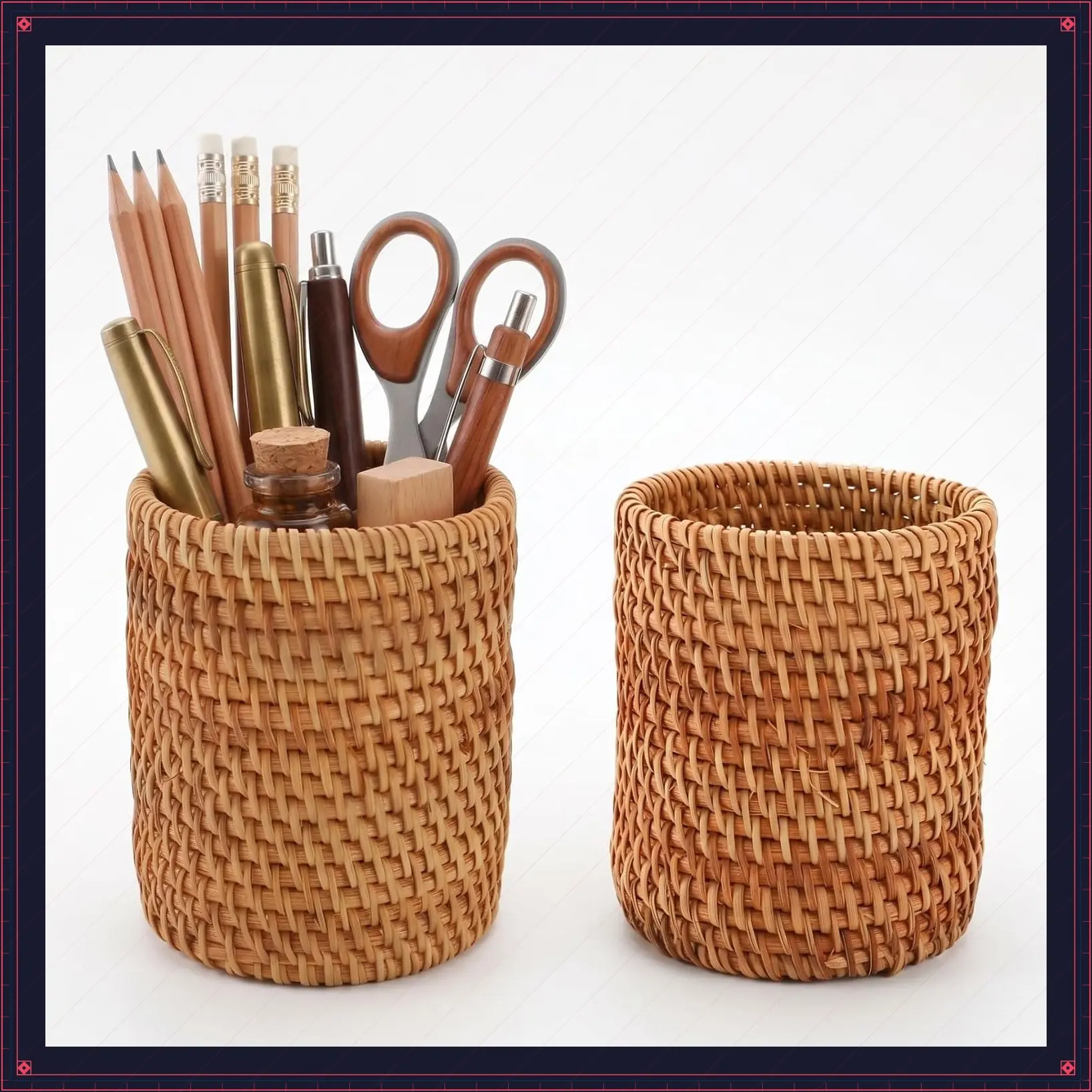 2 Pack Handmade Rattan Wicker Pencil Holder & Pen Cup, Makeup Brush Holder, Woven Vine Desk Organizer for Office, Home, Kitchen Utensils & Cutlery, Cylinder Storage ContainerGift