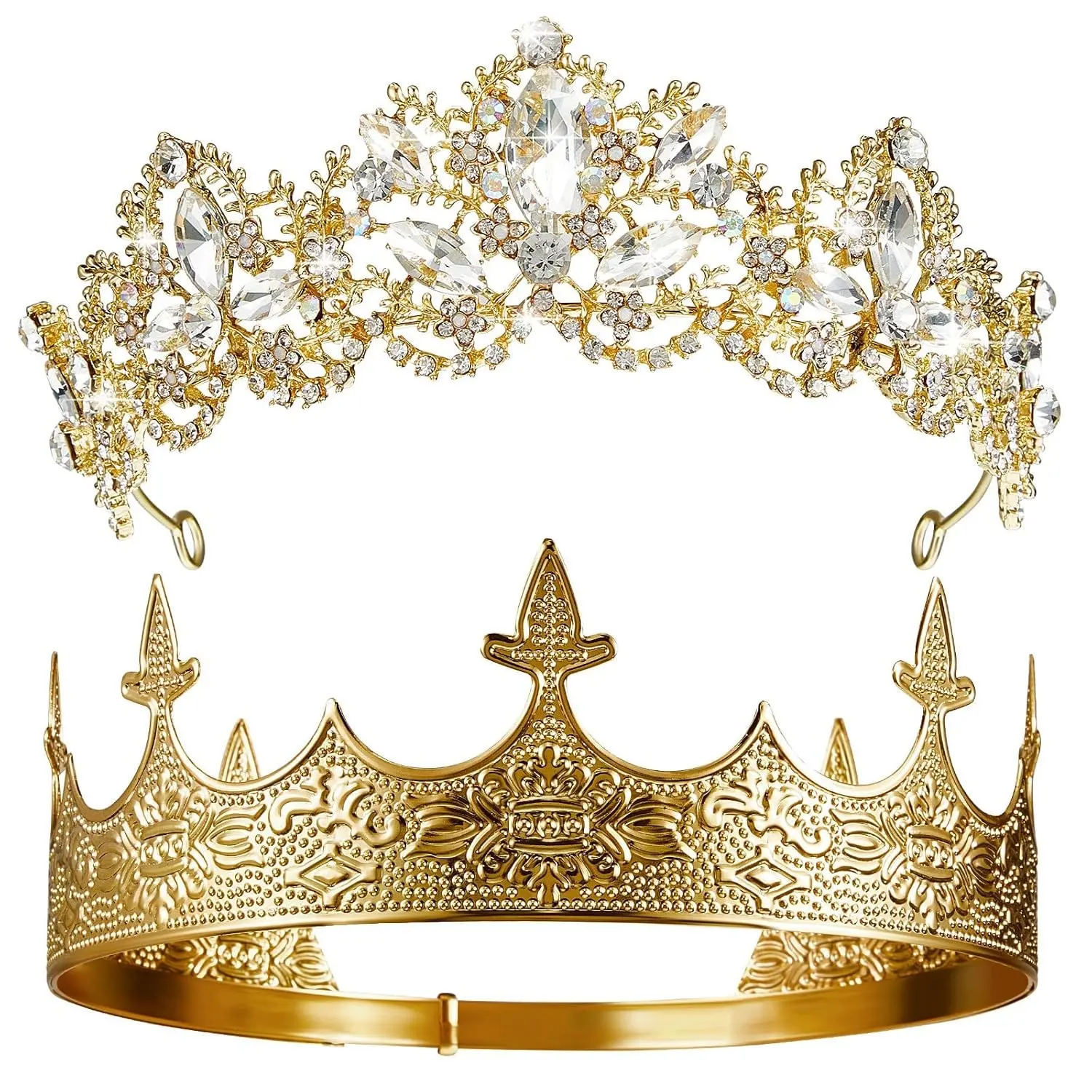 2 Pcs King and Queen Crowns Set, Elegant Rhinestone Royalty Tiaras for Couple, Halloween Prom Birthday Wedding Hair Accessories, Adjustable to Fit All Sizes(Gift)